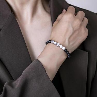 Imagem de Pulseira de contas feita à mão para homens e mulheres, cordão elástico com pedra natural e contas de destaque, joia de pulso ajustável, 7.68Inches, Rocha vulcânica, Sem Pedra Preciosa