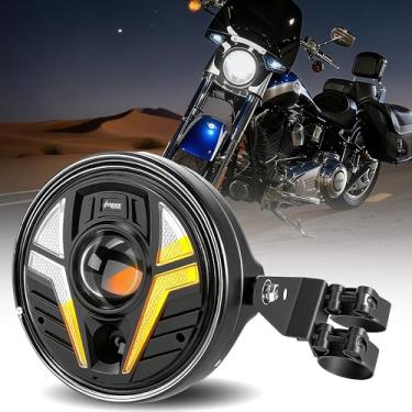 Imagem de Faróis de LED para motocicleta de 17,8 cm redondos Hi-Low Beam Iluminação a laser de longa distância com kit de balde âmbar branco DRL Suporte de braçadeira de garfo para Honda Yamaha Motocicleta etc