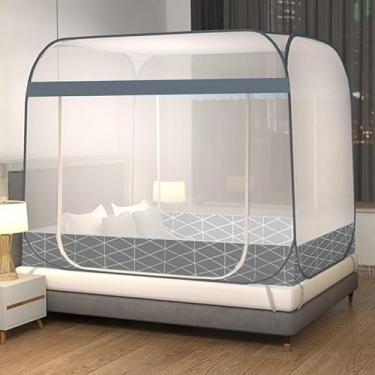Imagem de Rede de Mosquiteiro Yurt Dupla para Cama – Proteção Anti-Mosquito, Sem Instalação, Fibra de Poliéster com Suporte de Aço Inoxidável(1.8米寬*2.0米長【全底防摔】,雙門【菱格尚灰】方頂加大)