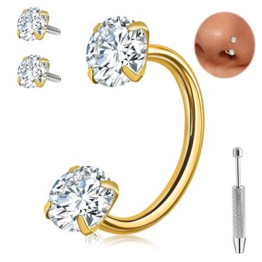 Imagem de ONEISNG Anel de nariz em ferradura de ouro 20G G23 titânio roscado internamente para mulheres homens anéis de argola de zircônia cúbica dupla meia argola de nariz sapato de cavalo Daith Tragus brinco