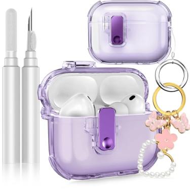 Imagem de Fotbor Capa para AirPods Pro 3 2025 com trava segura, capa de TPU transparente macia com limpador de fones de ouvido e chaveiro feminino fofo, antiarranhões [airbag] proteção contra quedas de nível