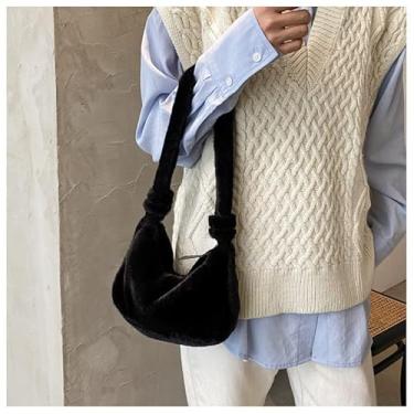 Imagem de Mini bolsa de ombro feminina de pelúcia – Bolsa de mão macia e felpuda estilo coreano com fecho de zíper, Preto, Medium, Mochila casual