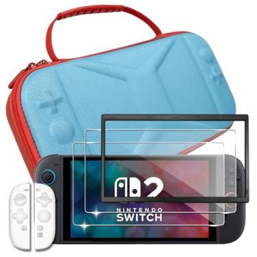 Imagem de Capa de armazenamento para Nintendo/NS Switch 2 para (2025), capa rígida portátil vermelha e azul, bolsa com 2 películas temperadas e uma alça de silicone transparente 3 em 1