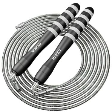 Imagem de MOGOLD Corda de pular 2 em 1 para CrossFit - Sistema de cabo duplo (velocidade de 2 mm/força de 5 mm) com clipe de troca rápida e alças pesadas, corda de aço PVC ajustável de 3 m para unders duplos