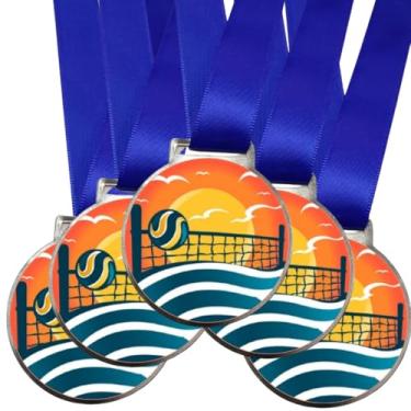 Imagem de Kit 5 Medalhas Para Vôlei De Praia Premiação de Campeão Esportes 50mm Com Fita Azul