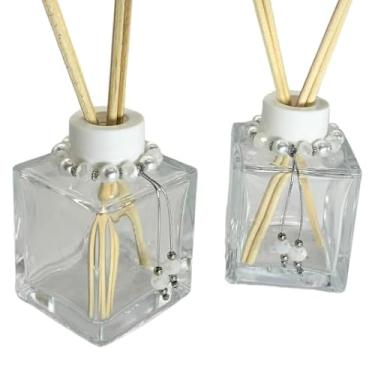 Imagem de Kit 2 Frascos de Vidro Cubo Difusor 100ml com Pingentes Decorativos e Varetas – Aromatizador Luxo para Casa, Escritório e Presente Elegante(BRANCO)