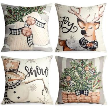 Imagem de CASAJOY Conjunto de 4 capas de travesseiro de Natal 45,7 x 45,7 cm, luvas de rena de boneco de neve de Natal e inverno, decorações para sofá (cinza)