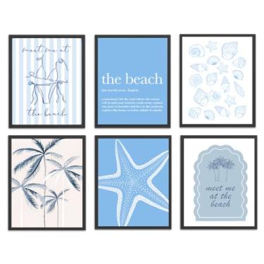 Imagem de 6 peças de arte de parede costeira azul verão praia concha decoração de parede imagens azul claro biquíni planta do mar pôsteres impressões, costa preppy poster impressão arte para corredor sala de