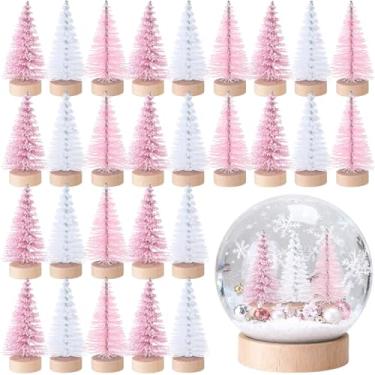 Imagem de Sumind 96 pincéis para garrafas, árvores, sisal, plástico, mini pinheiro, árvore de Natal, pincel para garrafa com base, enfeites de neve foscos, mesa para decoração de Natal e exibição (rosa)