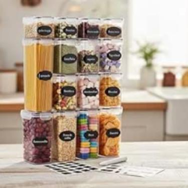 Imagem de Kit Organizador com 15 Potes Herméticos de Acrílico para Cozinha, Tampa Transparente, Etiquetas Incluídas, Armazenamento de Alimentos, Organização Doméstica