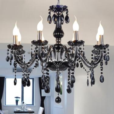 Imagem de Lustre de cristal preto europeu para velas, luxuoso, para sala de estar, restaurante, quarto, hotel, villa, loja de roupas, salão de beleza, café, bar, karaokê, com luminária pendente de LED