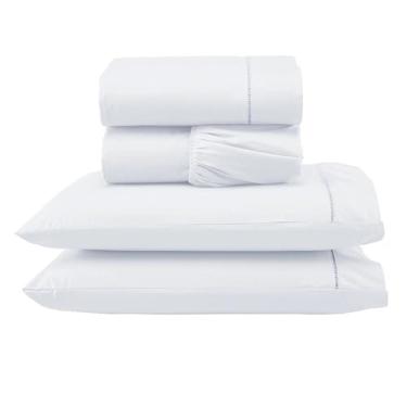 Imagem de Jogo de Cama Premium, Percal 400 Fios, Branco, 4 Peças, Antiácaro, Toque Extra Macio com Ponto Palito (Branco, Casal)
