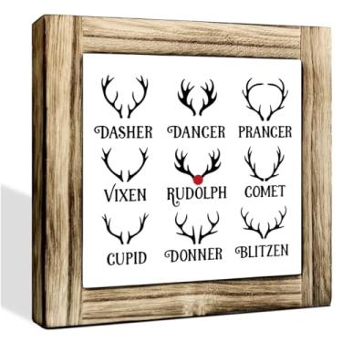 Imagem de Sinais de madeira com nome de veado, Dasher Dancer Prancer Vixen Comet Cupid Donner Blitzen Rudolph, decorações de mesa de Natal de fazenda, decoração de arte de Natal engraçada para cafeteria
