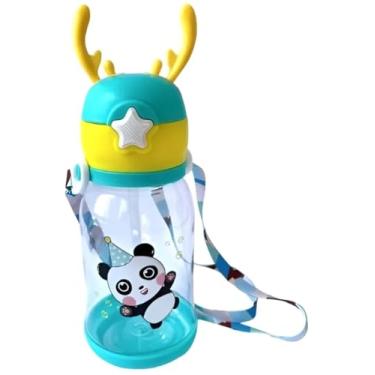 Imagem de Garrafa Infantil com Alça, Decorativa Panda, Tampa Turquesa e Amarela com Chifres, 400ml, Material Plástico, para Crianças