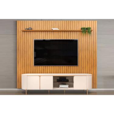 Imagem de Rack Bancada c/ Painel p/ TV até 75 Pol Trento/Ariana Ripado Portas e Nichos 275,7x240cm Cedro/Off White - DJ Móveis