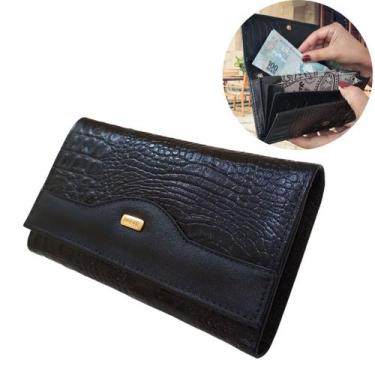 Imagem de Carteira Couro Feminina Grande Zíper Croco Premium - Roder, Preto, Fem