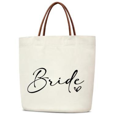 Imagem de mermermu Bolsa feminina de lona para noivas, chá de noiva, presentes de despedida de solteira, sacolas de compras de supermercado reutilizáveis estéticas com alças de couro, bolsa de ombro dobrável