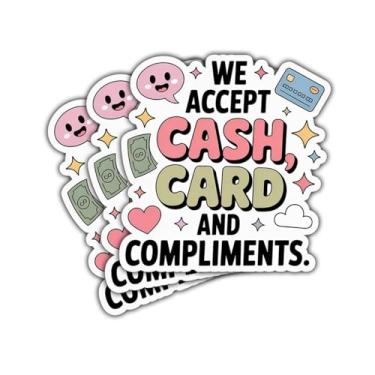 Imagem de Adesivo com 3 peças We Accept Cash Card and Elogios – Decalque de vinil com citação de pequenas empresas à prova d'água para laptop, caixa registradora, espelho, copo, diário – Presente para donos de