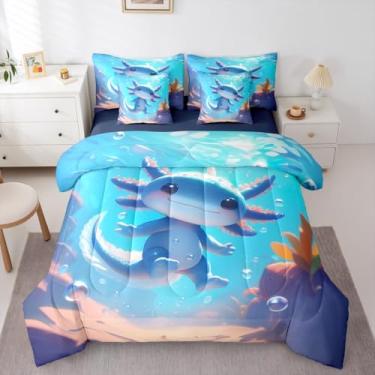 Imagem de Lindo jogo de cama casal Axolotl e edredom com estampa de animais selvagens, 7 peças, oceano, réptil, tritão, cama em saco, salamandra de animais marinhos náuticos, decoração de anfíbios