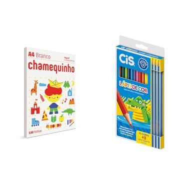 Imagem de Kit Papel Chamequinho A4 75g 100 Folhas + Lápis CIS 12 Cores