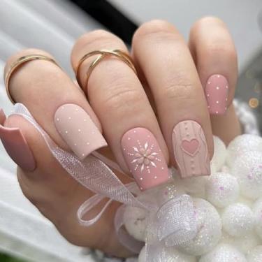 Imagem de 24 peças de unhas postiças foscas rosa natalinas, pregos quadrados curtos com design de coração de floco de neve 3D, cobertura completa de acrílico de Natal, unhas postiças de gel macio, unhas