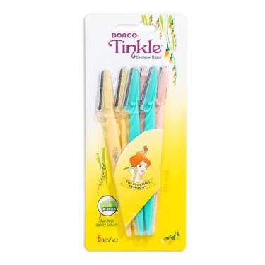 Imagem de Aparador de sobrancelhas Dorco Tinkle para mulheres, 6 navalhas, ferramenta dermaplaning para remoção segura e fácil de pelos faciais para mulheres, esfoliante rosto com capa de segurança de aço inoxidável para peles sensíveis..