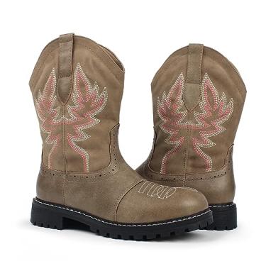 Imagem de Hawkwell Bota feminina de cano médio, caubói, estilo caubói, bico redondo, bordada, moderna, Caqui, 35