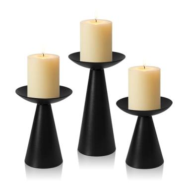 Imagem de KEHAIL Conjunto de 3 castiçais pretos foscos - Suporte de vela de metal cônico moderno para mesa central, jantar à luz de velas, decoração de casa e ornamentos de lareira (3, preto)