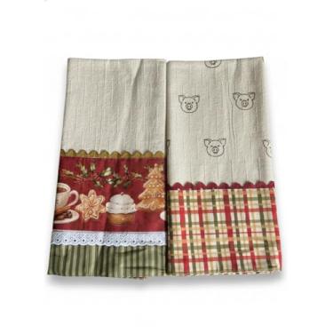 Imagem de Kit Pano de Prato Premium 100% Algodão com Barrado de Tricoline (Natal 1 / Porquinho)
