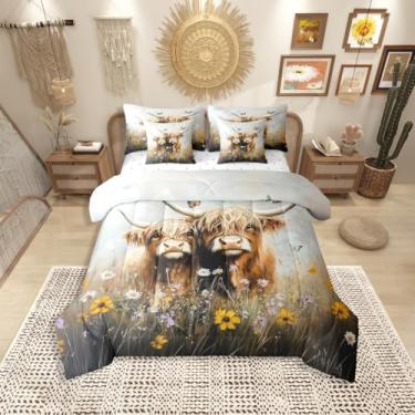 Imagem de Erosebridal Conjunto de cama solteiro de vaca Highland, 7 peças, conjunto de edredom rústico com lençóis, margarida, arbusto, paisagem, para quarto de crianças, meninas, adolescentes e adultos