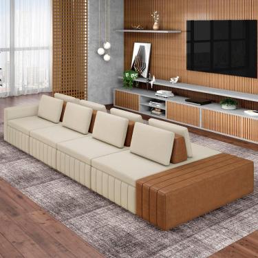 Imagem de Sofá Ilha E Puff Sala Living 505cm Siesta M22 Linho Areia/marrom - Mpozenato