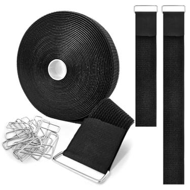 Imagem de Braçadeira de cabo de 5 cm x 80 m com ganchos, 20 fivelas de metal, abraçadeiras ajustáveis e reutilizáveis, alça de aperto livremente cortada no comprimento, adequada para organização e armazenamento