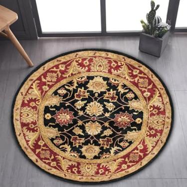 Imagem de Tapete de área estilo marroquino imitação caxemira tapete redondo tapete doméstico para decoração sala de estar quarto tapete antiderrapante fácil de cuidar, padrão vermelho e preto, 100 cm