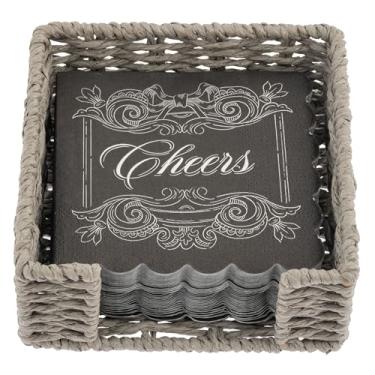 Imagem de Karma, Porta-guardanapos de coquetel de tecido para mesa e cozinha - Dispensador de guardanapos plano Boho para jantar em casa e ao ar livre, porta-guardanapos de papel, Cheers