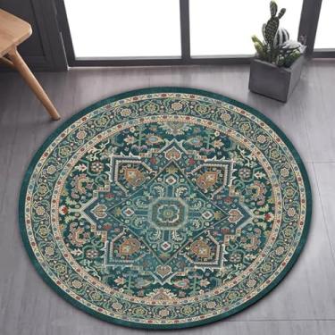 Imagem de Tapetes de área estilo marroquino imitação caxemira tapete redondo tapete doméstico para decoração de sala de estar e quarto tapete antiderrapante fácil de cuidar, azul lago, 80 cm