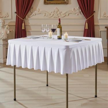 Imagem de Toalha de mesa branca quadrada de 122 x 122 cm, toalha de mesa branca sem rugas para mesas quadradas, saia de mesa de cetim de tecido decorativo lavável para casamento, aniversário, coquetel, buffet