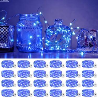 Imagem de litogo Pacote com 24 luzes LED de fadas operadas a pilha, 2 m e 20 LEDs, 3 modos, mini luzes cintilantes, luz estrelada à prova d'água para casamentos, potes de pedreiro, festas, decorações de Natal