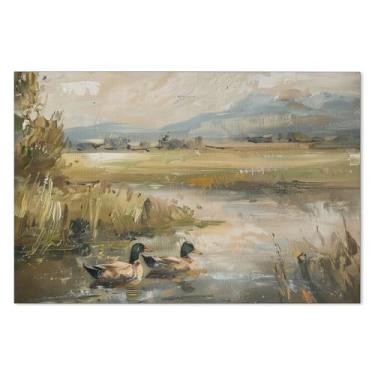 Imagem de Pôster de Pato Mallard Pato Pato Animal Tela Arte de Parede Pintura Vintage Pato Pintura a Óleo Caçador de Pássaros Presente para Cabine Rústica Quarto Quarto Quarto Decoração de Parede 40,6 x 61 cm