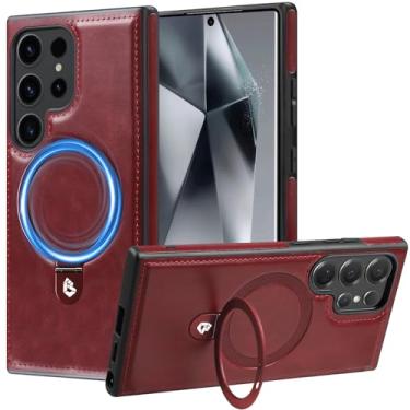 Imagem de Hovisi Primeira capa mundial para Galaxy S24 Ultra com MagicStand, [suporte invisível] Capa protetora fina de couro PU e borracha à prova de choque com anel magnético para Samsung Galaxy S24 Ultra Red