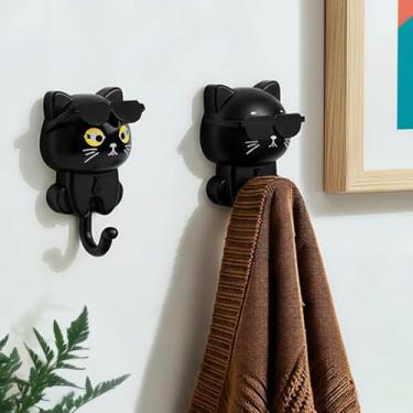 Imagem de Ganchos de parede em forma de gato, ganchos de casaco adesivos, porta-chaves, adesivo criativo para chave de gato, decoração de parede utilitária de armazenamento doméstico para pendurar chapéu, chave
