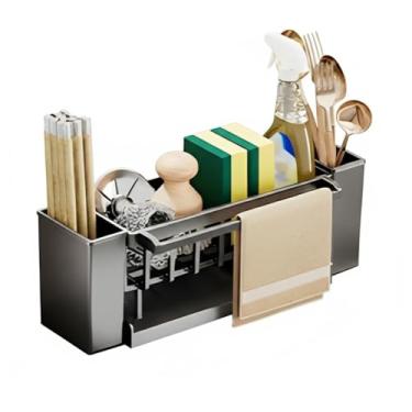 Imagem de Kirk Organizador de Pia Escorredor de Plástico Premium | Porta Esponja, Suporte para Pano, Drenagem Automática | Rack de Armazenamento para Sabão, Escovas, Cozinha e Bancada (Cinza)