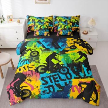 Imagem de Erosebridal Conjunto de edredom solteiro para meninos, 7 peças, skate, motocicleta, motocross, edredom com edredom, lençóis, fronhas, esportes radicais, decoração de quarto