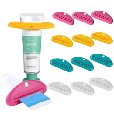 Imagem de 12 peças espremedores de pasta de dente, clipes de pasta de dente de plástico colorido espremedor de tubo clipe de pasta de dente para banheiro, adequado para pasta de dente, creme, cosméticos