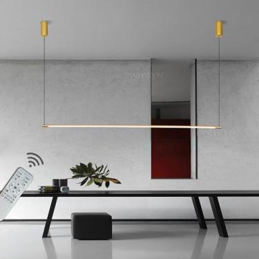 Imagem de Luminária pendente linear dourada e branca para sala de jantar, luminária pendente moderna de LED para mesa de jantar, lustre com altura ajustável para quarto, escritório ou bar, luminária s