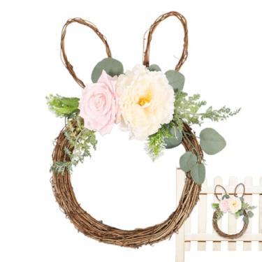 Imagem de Guirlanda de coelho, guirlanda artificial de primavera de coelho da Páscoa, 38 cm | Guirlanda de plantas de coelho para decoração de festas de parede da porta da frente