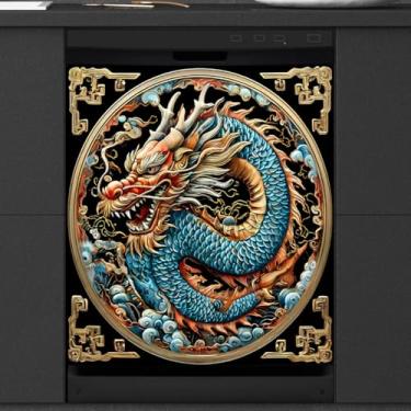Imagem de Capa de ímã de lava-louças colorido dragão vintage, capas magnéticas para decoração de lava-louças, capa magnética para porta de geladeira, decalque de geladeira para cozinha, eletrodomésticos