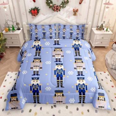 Imagem de Feelyou Jogo de cama com quebra-nozes de Natal para meninos e meninas, conjunto de edredom casal, neve, preto, azul, microfibra, soldado de madeira, brinquedo, decoração de quarto de inverno, férias