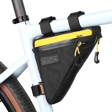 Imagem de Rhinowalk Bolsa triangular para quadro de bicicleta, bolsa de armazenamento compacta à prova d'água com zíperes YKK, design com vários bolsos, não esfrega as pernas – 0,9 L, preto + amarelo