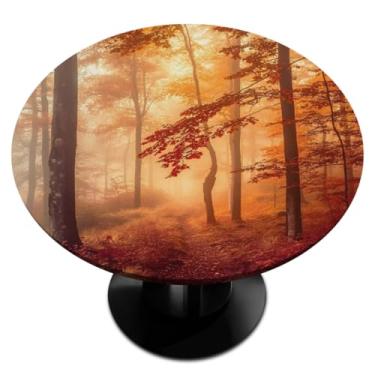 Imagem de hongjinglin Toalha de mesa redonda com borda elástica floresta, árvore de outono, toalha de mesa redonda para decoração de cozinha de 114 a 127 cm