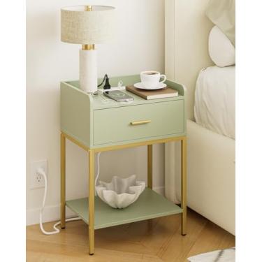 Imagem de Masupu Mesa de cabeceira com estação de carregamento, mesa de cabeceira moderna de 3 camadas com gaveta de armazenamento e prateleira, mesa lateral pequena para quarto, sala de estar, dourada e verde